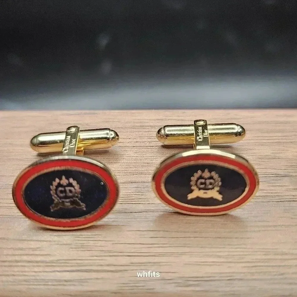 Christian Dior Red Blue and Gold Tone Cufflinks with Tie Bar set